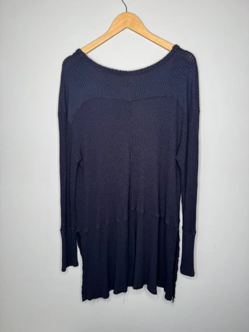 Free People Sunset Park Thermal Waffle Knit Tunic Womens L Wide Vneck Raw Edges